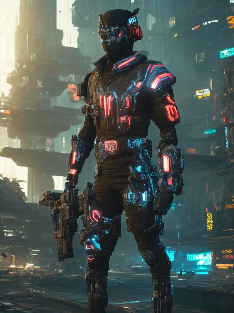 Create an image of a hunter in a cyberpunk world who is all decked out in cybernetic prosthetics.
