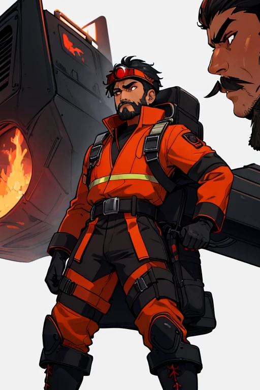 male, orange eyes, black hair, tan skin, (((1boy))), (((red and black futuristic Fire Rescue uniform))), (red Fire Rescue helmet), (black gloves), (black boots), (black belt), long legs, trimmed beard, moustache