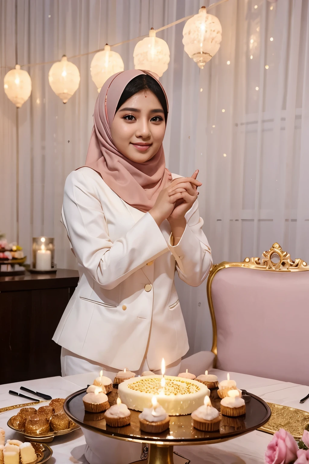 Wanita berhijab sedang merayakan ulang tahun dengan kue ulang tahun dan lilin yang ke 24 tahun bersama idol bts yang menggunakan jas berwarna ungu