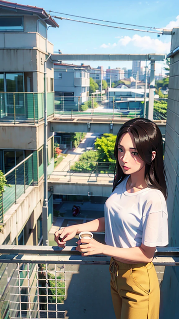 A girl stands on a balcony, holding a cup of coffee. Girl is waering white shirt and white cargo comfy pant with some chex koti on it.The scene is inspired by the styles of CGSociety, Chillhop, Alena Aenami, Artgerm, and Makoto Shinkai. The atmosphere exudes the relaxed vibes of a lofi girl aesthetic. The background features breathtaking anime scenery, with a lush natural landscape and a serene rooftop view reminiscent of Makoto Shinkai and Cain Kuga's work. The setting is perfect for a peaceful moment, surrounded by the beauty of an anime nature scene, ideal for an anime wallpaper.