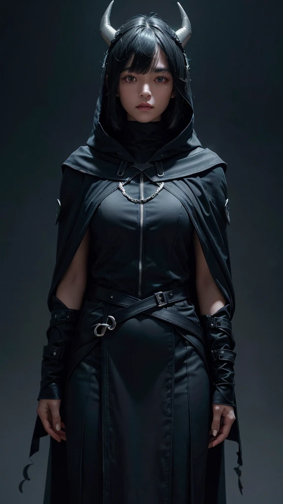 a 29 yo girl, whole body, wearing navy blue cloak hood with silver runes lining, serious face, short bob hair with bangs, emerald eyes, black hair, single horn on left, dark theme, soothing tones, muted colors, high contrast, looking away (natural skin texture, hyperrealism, soft light, sharp) armory background,