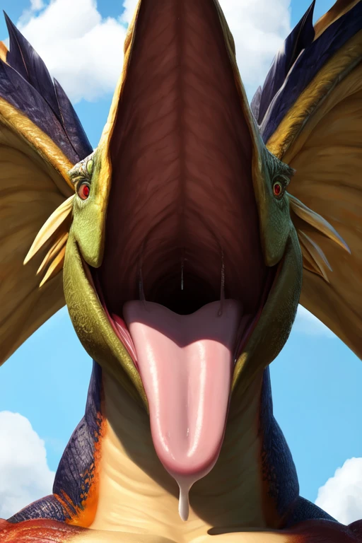 Top down. Single mythical feathered wyvern with no teeth, large wide open mouth, coconut with milk dripping inside mouth, surprised face facing the camera, body shot, photorealistic. Coconut Milk dripping inside mouth.coconut Milk dripping out of mouth. Muscles jaw. Defined wyvern jaw, head lower then camera, fish tongue , full body shot