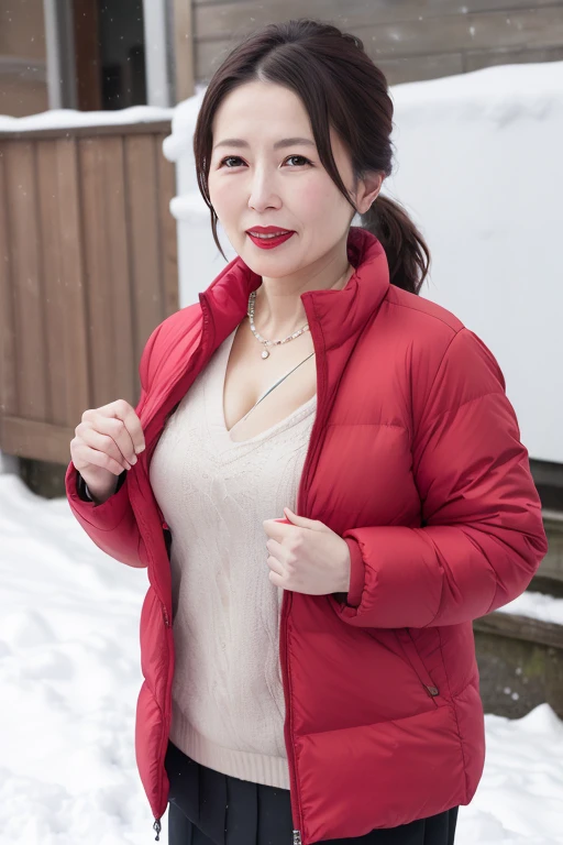 8k, 55 year old mature Japanese woman, Beautiful mature woman, Long eyelashes, Nice body, Low Ponytail, Red lipstick, Down jacket, Cleavage, skirt, Pearl Necklace, Red lipstick, sexy, winter, Outdoor, In the snow,