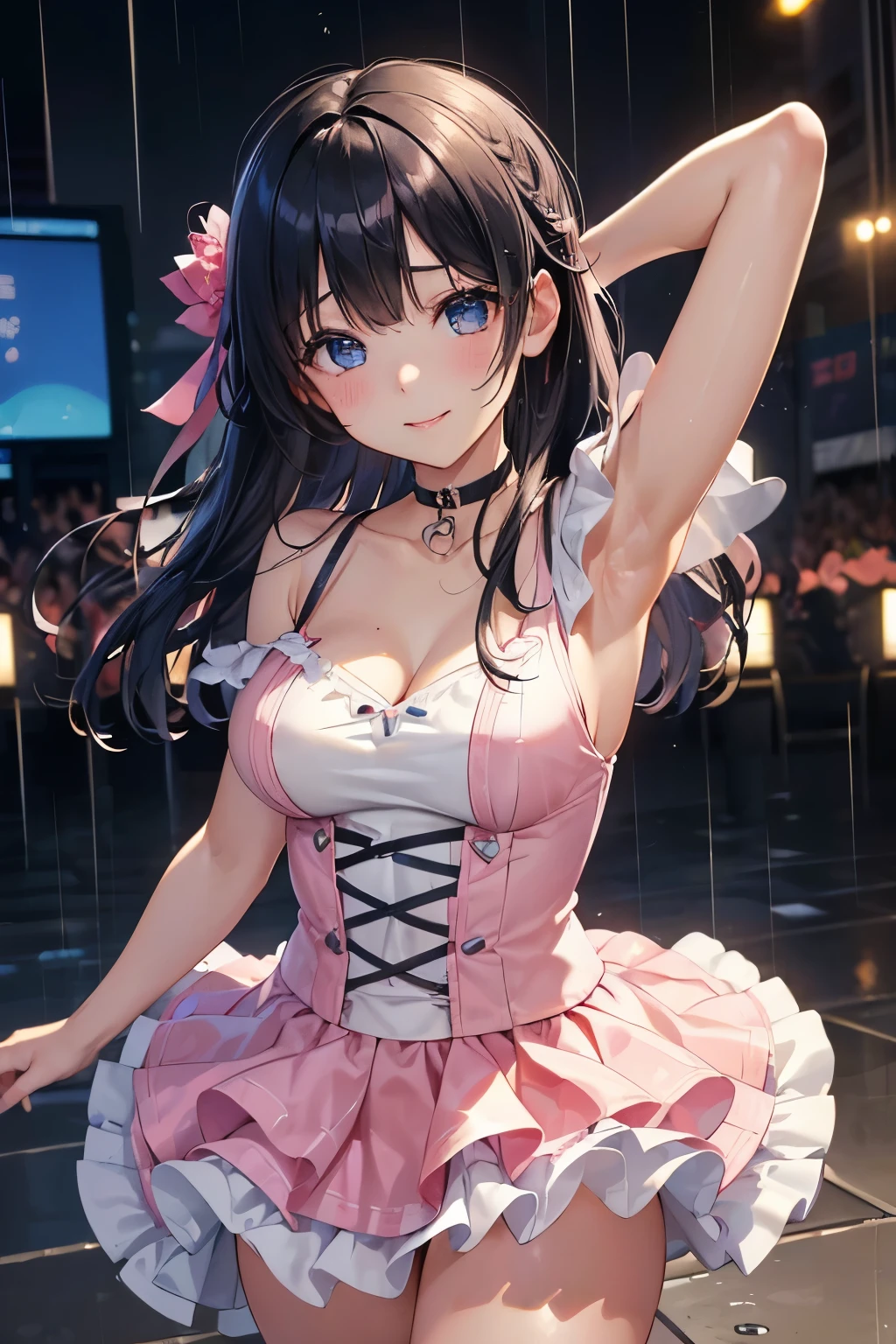 One Girl、My name is Mei、Gazing at the audience。 (outside、heavy rain、heavy rainでびしょ濡れの野outsideコンサート、The costume is see-through）、Beautiful Blue Eyes、Black Hair、Pink striped hair、bangs、Shoulder-length hair、Mole under the eye、Plump and glossy lips、Heart-shaped choker、Idol、smile、heavy rainでびしょ濡れになっている、野outsideステージ、ー、。。。。。。。。。。。。。。。。。。。。。。。。。。。。。。。。3D、Real、 dance team uniform, masterpiece、Highest quality、8k、Detailed skin texture、Detailed cloth texture、Beautifully detailed face、Intricate details、Very detailed、 Ultra-high resolution、8K Ultra HD、Film Grain、Best Shadow、delicate、Gazing at the audience、front
