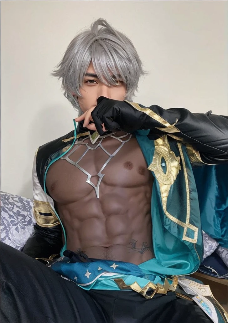 Anime style, boy, sixpack abs, silver hair, large pectoral muscles