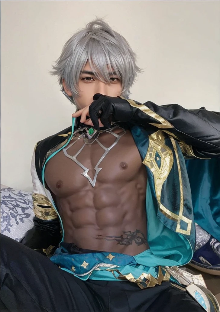 Anime style, boy, sixpack abs, silver hair, large pectoral muscles