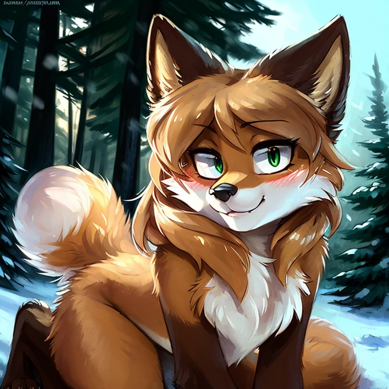 Ross Tran, ruan jia, by Kenket, uploaded the e621, beautiful and detailed portrait of an anthropomorphic vixen ((woman))), movie lighting, (detailed averi), (detailed lighting), (detailed fur), (detailed breasts), (detailed skin), BREAK, (cinematic lighting), ((detailed background)), ((depth of field)), (half body shadow), ((looking at viewer)), [backlighting], [detailed ambient light], [ambient light on the belly], [realistic proportions], [explicit content, adult, nsfw], [sharp focus], (questionable content), (shaded), (hi res), ((masterpiece)), (Averi, Fox girl), (anthro, fluffy fur), anthro fox girl, body fur, curvy, sexy, nice, cute, hot, digital drawing, SFW, flat chest, chest fluff, blushing, green eyes, sassy, sassy hips, cute friendly smile, snow, forest, wet fur, heart, hearts, speech bubble, looking at viewer, close up, hugging viewer, petting, nuzzling viewer, on knees