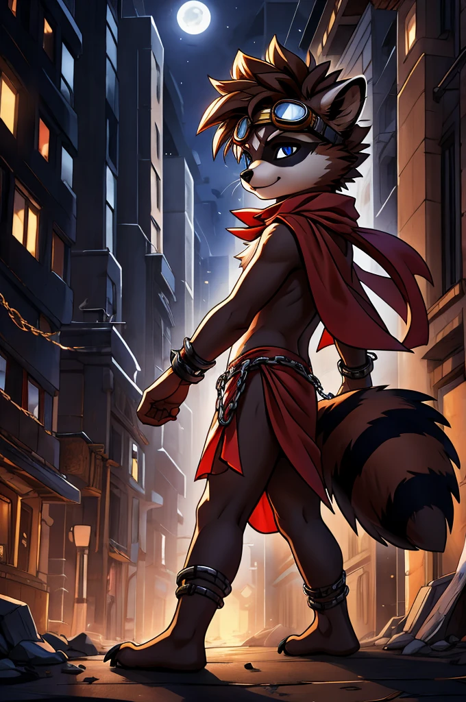 feno lighting, deep shadow, dynamic angle, masterpiece, high quality, hi res, solo, young Furry, furry, young, raccoon, spiked brown hair only on head, red scarf, blue eyes, goggles, chain harness, red loincloth, red cape, masterpiece, detail body, fur all over body, detailed face, detailed eyes, detailed hands, Skinny, claws, high resolution, metal cuffs on wrists, no shirt, no underwear, city, night, street, side view