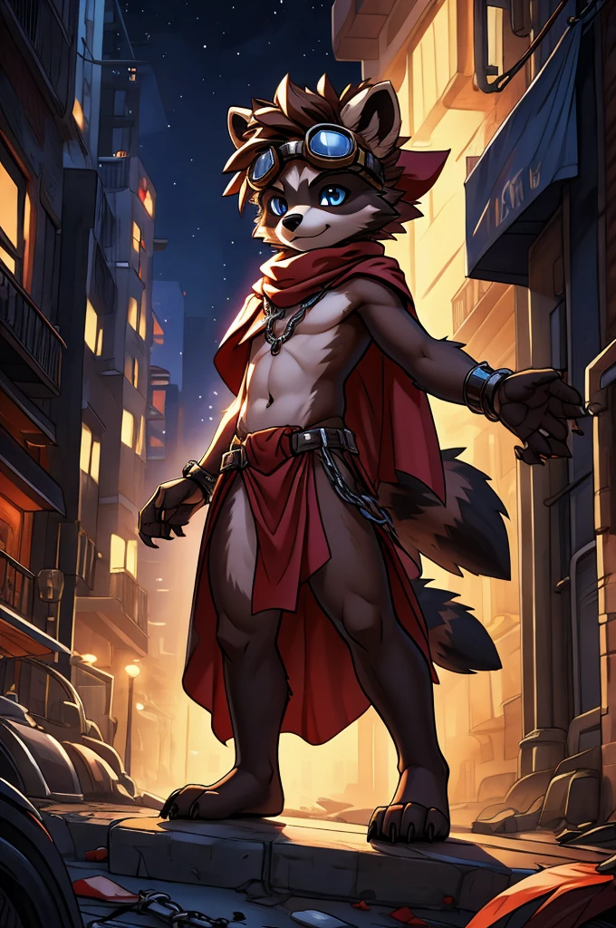 feno lighting, deep shadow, dynamic angle, masterpiece, high quality, hi res, solo, young Furry, furry, young, raccoon, spiked brown hair only on head, red scarf, blue eyes, goggles, chain harness, red loincloth, red cape, masterpiece, detail body, fur all over body, detailed face, detailed eyes, detailed hands, Skinny, claws, high resolution, metal cuffs on wrists, no shirt, no underwear, city, night, street, side view