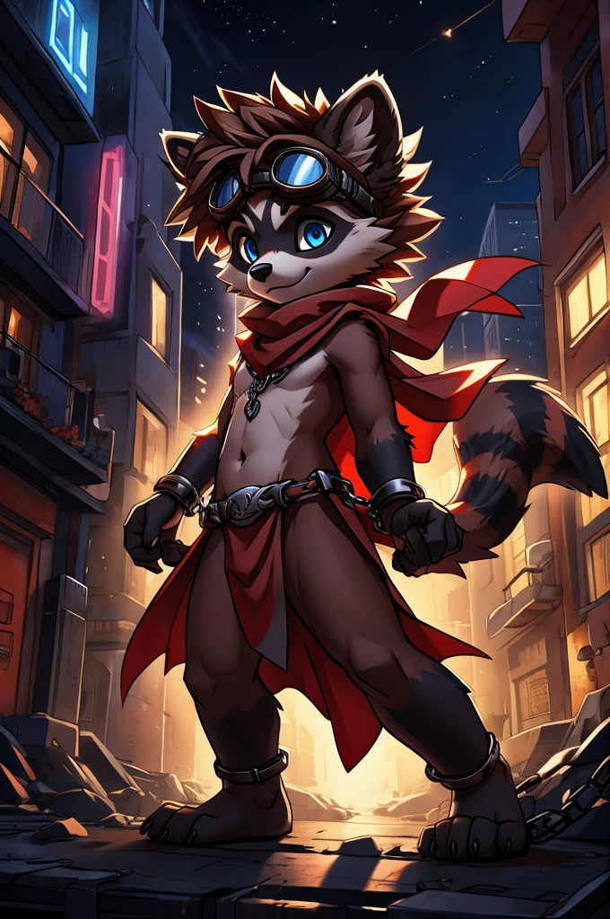 feno lighting, deep shadow, dynamic angle, masterpiece, high quality, hi res, solo, young Furry, furry, young, raccoon, spiked brown hair only on head, red scarf, blue eyes, goggles, chain harness, red loincloth, red cape, masterpiece, detail body, fur all over body, detailed face, detailed eyes, detailed hands, Skinny, claws, high resolution, metal cuffs on wrists, no shirt, no underwear, city, night, street, side view