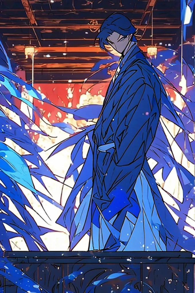 A blue-violet flower, swiped on the wall, painted, vertical, wide, curved, hermosaic art of digital cyberpunk, masculine, elegant, heroic and attentive, homage to her, looking at a blue and white ???, with a large espadrille in her hombro style, a highly accurate representation of the classic, boring and simple feelings., lateral media, medieval perspective, decorations and access to family, rotating and volcanic flowers, a very charming rodeo, camera of beauty and extreme beauty. Fondo de pantalla 4k last anime.