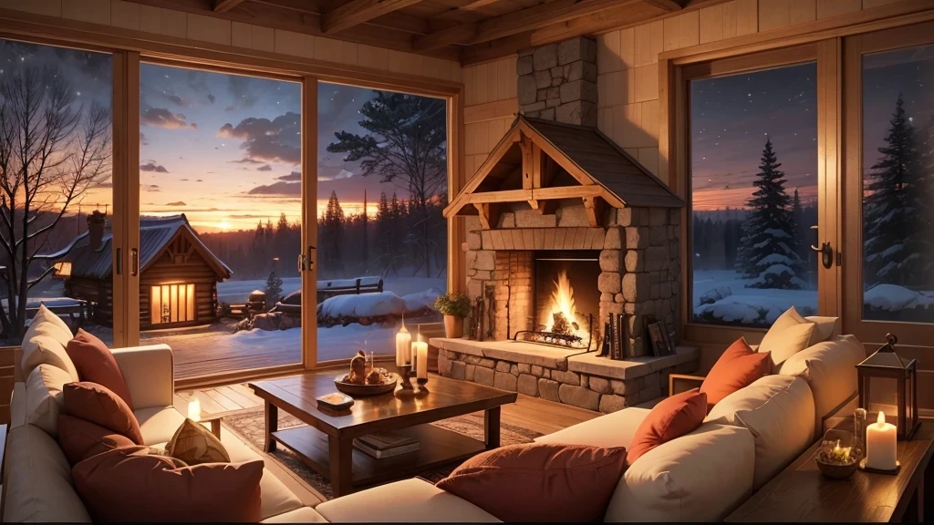 Cartoon background of wooden house living room, This night outside](Comfortable atmosphere), (Soft lighting), Bright stone fireplace fire, This is the best night, Transparent glass window