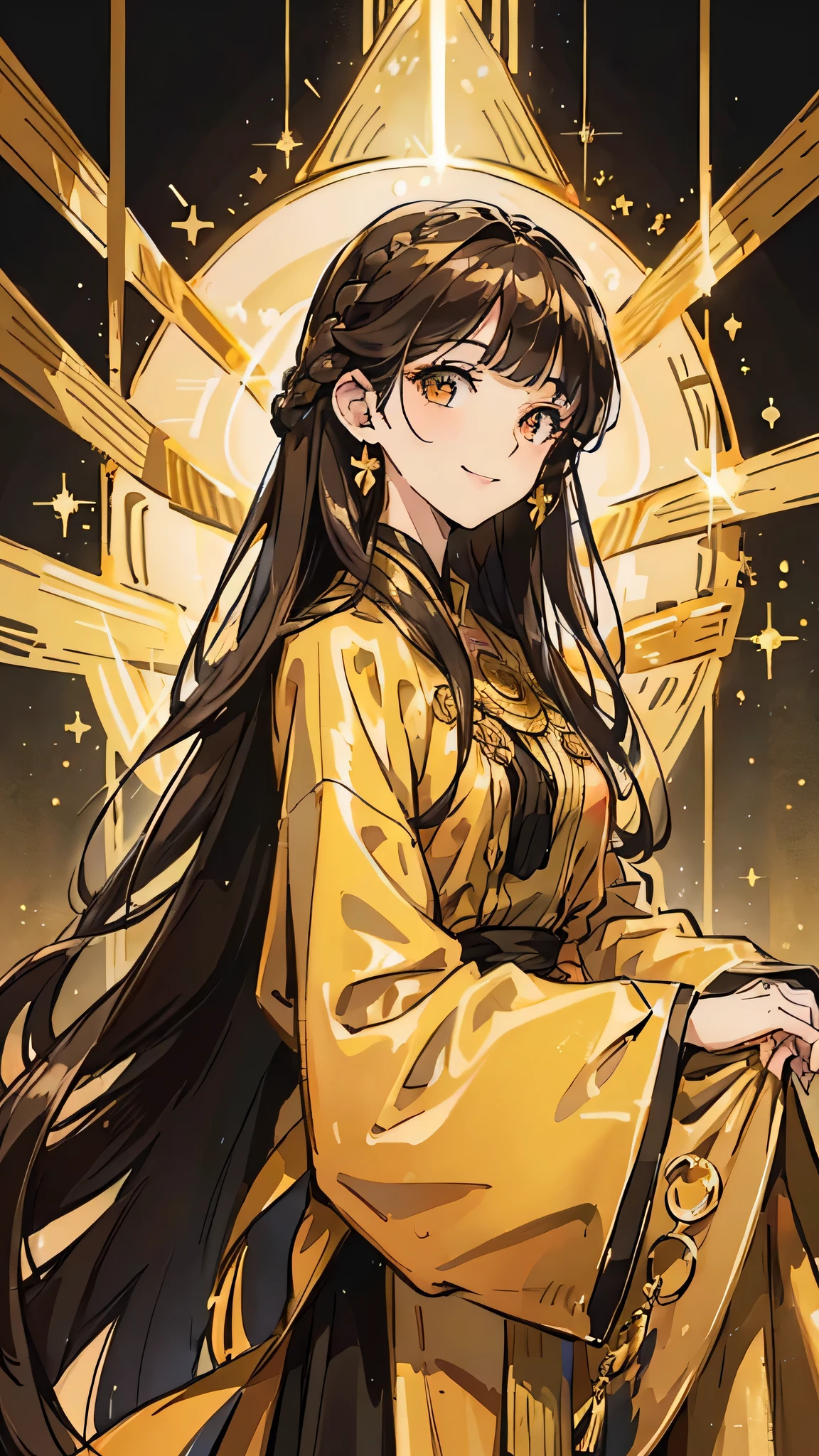 Woman , long dark brown hair, long dark brown hair , golden eyes, golden eyes, FOV, f1.8, masterpiece, front portrait shot, black and gold casual modern clothing, plain gold colored background, close up, smiling, front bangs, front bangs, bangs, braid on the left side of hair, full front bangs, full body