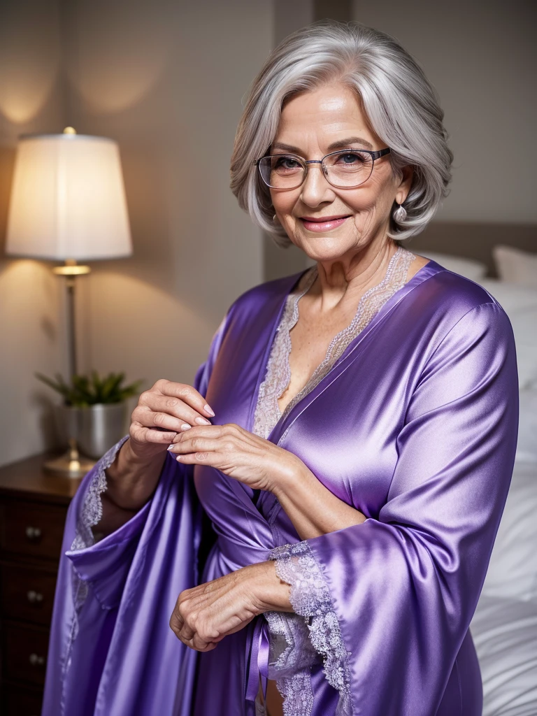 Mature old woman 80 years with silver hair, plus size, old face and body with many wrinkles, smiling, glasses, loose skin, standing solo at bedroom posing for photo, She wearing purple satin robe with large neckline and lace stockings and glasses side view. jaw dropping mature older beauty, old face and body with wrinkles, legs are visible, old face, attractive grandma, a gorgeous old hair, beautiful old grandma, lovely older mature grandma, gorgeous beautiful grandma over 80 years old, beautiful silver hair grandma, beautiful detailed body and face, a beautiful old granny