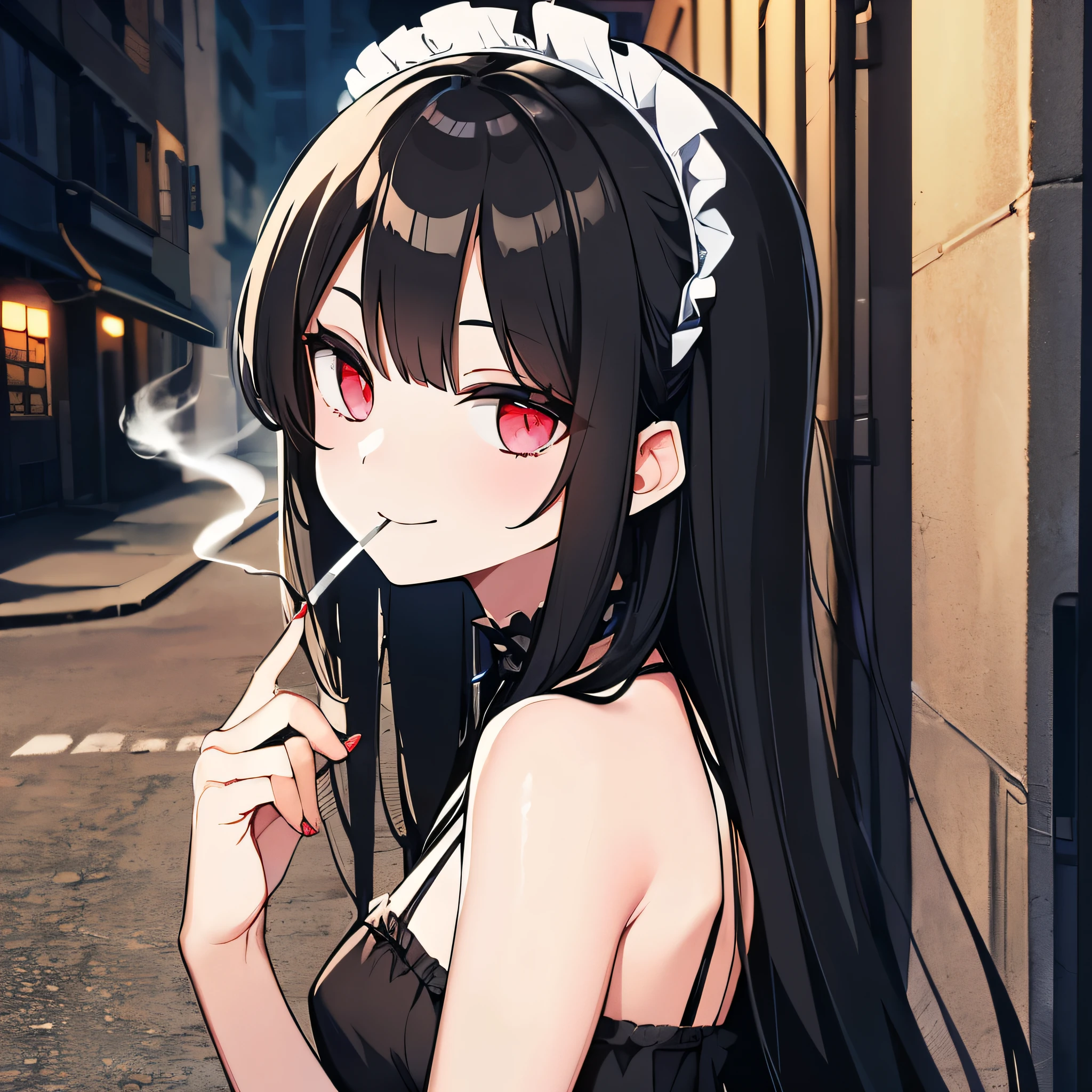 Smoking cigarettes　Maid　Long Black Hair　The background is a back alley at night　Fearless smile