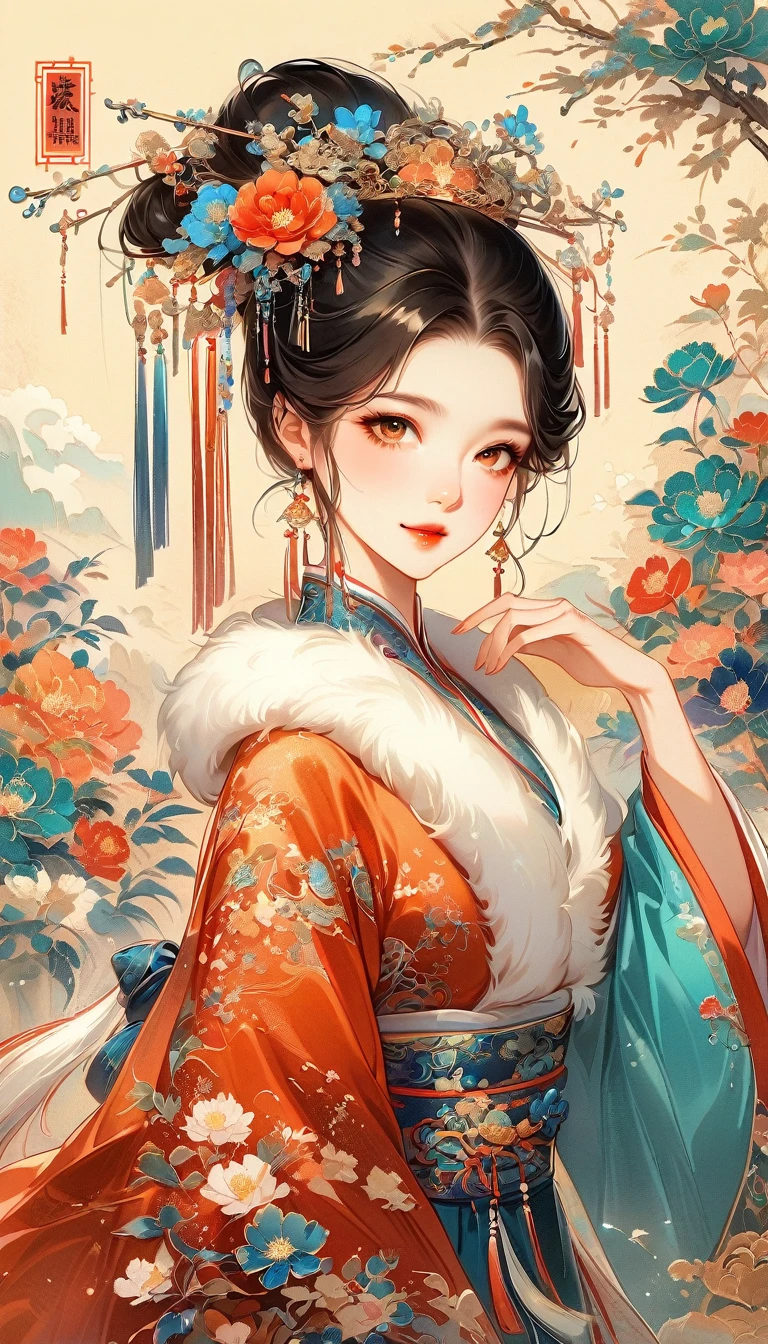 A beautiful young woman in traditional Chinese attire, sweet smile, from back, eyes look at other side, fashion pose, charming and attractive sexy pose, surrounded by a lush garden. gazing at it with gentle eyes. The woman's hair is styled in an elaborate updo adorned with flowers and traditional ornaments. Her dress is elegant, featuring fine silk with floral embroidery. The garden is in full bloom, with peonies and other flowers providing a backdrop. The scene captures the serenity and beauty of classical Chinese art, with a touch of nature harmony, (((Ultra-high saturation, high natural saturation, extremely bright colors)))