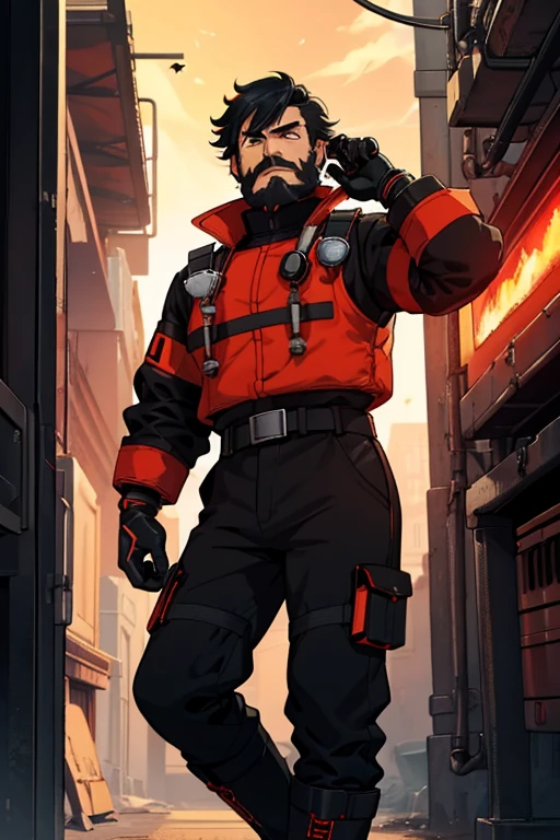 male, orange eyes, black hair, tan skin, (((1boy))), (((red and black futuristic Fire Rescue uniform))), (red Fire Rescue helmet), (black gloves), (black boots), (black belt), long legs, trimmed beard, moustache