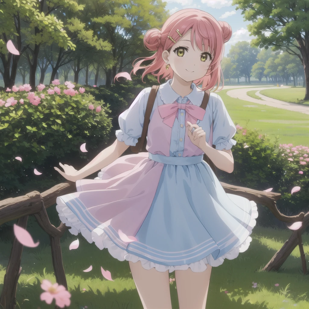 (best quality, masterpiece:1.2), 1girl, solo, (cowboy shot:1.4), looking at viewer, glow eyes, (light on face:1.2), smile, sky, cloud, trees, flower, pink flowers, outdoors, sunlight,
uehara ayumu, drwy dress, yellow eyes, bangs, pink hair, hair bun, single side bun, pink dress, medium hair, pantyhose, bow, petals, short sleeves, earrings, jewelry, ribbon, hair ornament,