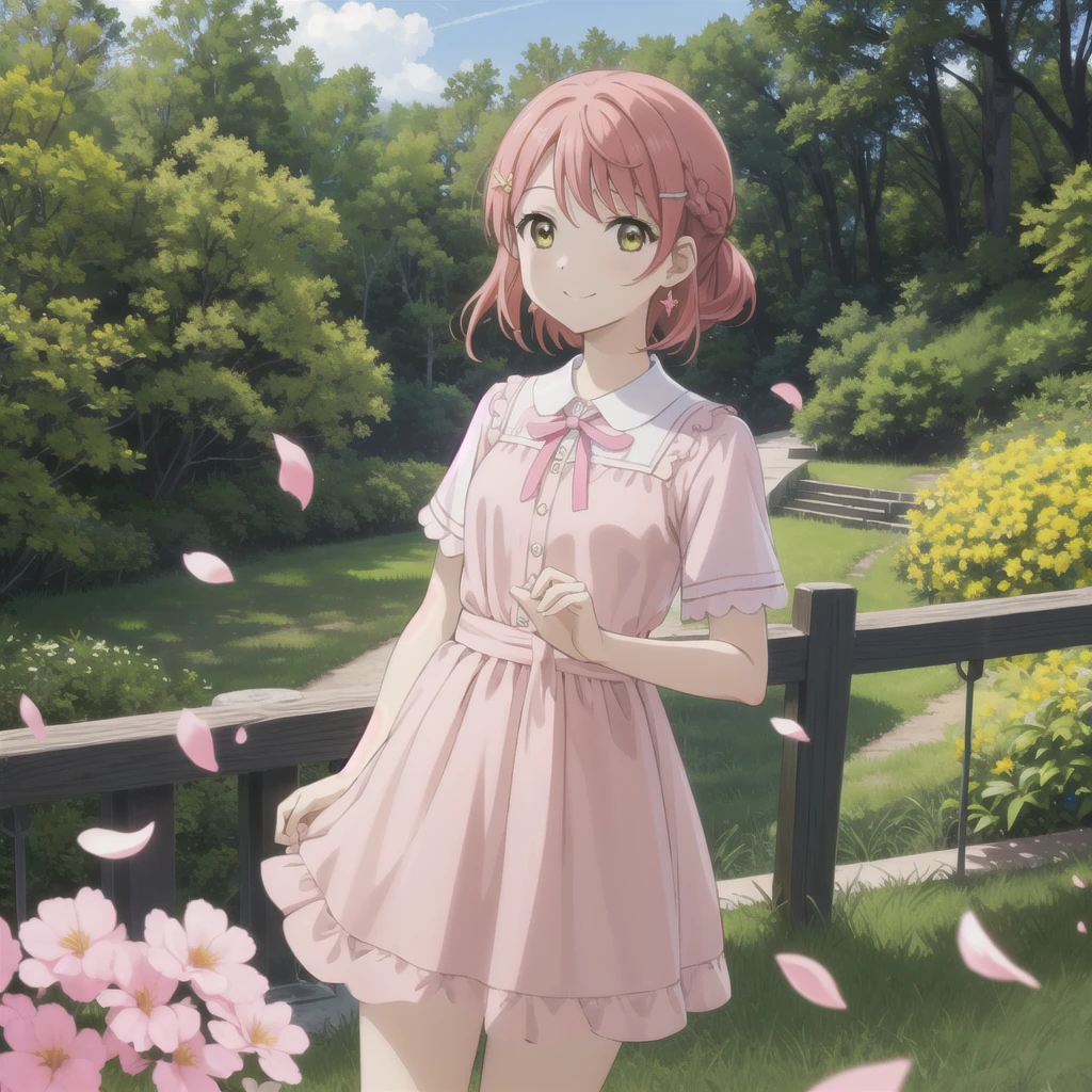 (best quality, masterpiece:1.2), 1girl, solo, (cowboy shot:1.4), looking at viewer,  glow eyes, (light on face:1.2), smile, sky, cloud, trees, flower, pink flowers, outdoors, sunlight,
uehara ayumu, drwy dress, yellow eyes, bangs, pink hair, hair bun, single side bun, pink dress, medium hair, pantyhose, bow, petals, short sleeves, earrings, jewelry, ribbon, hair ornament,