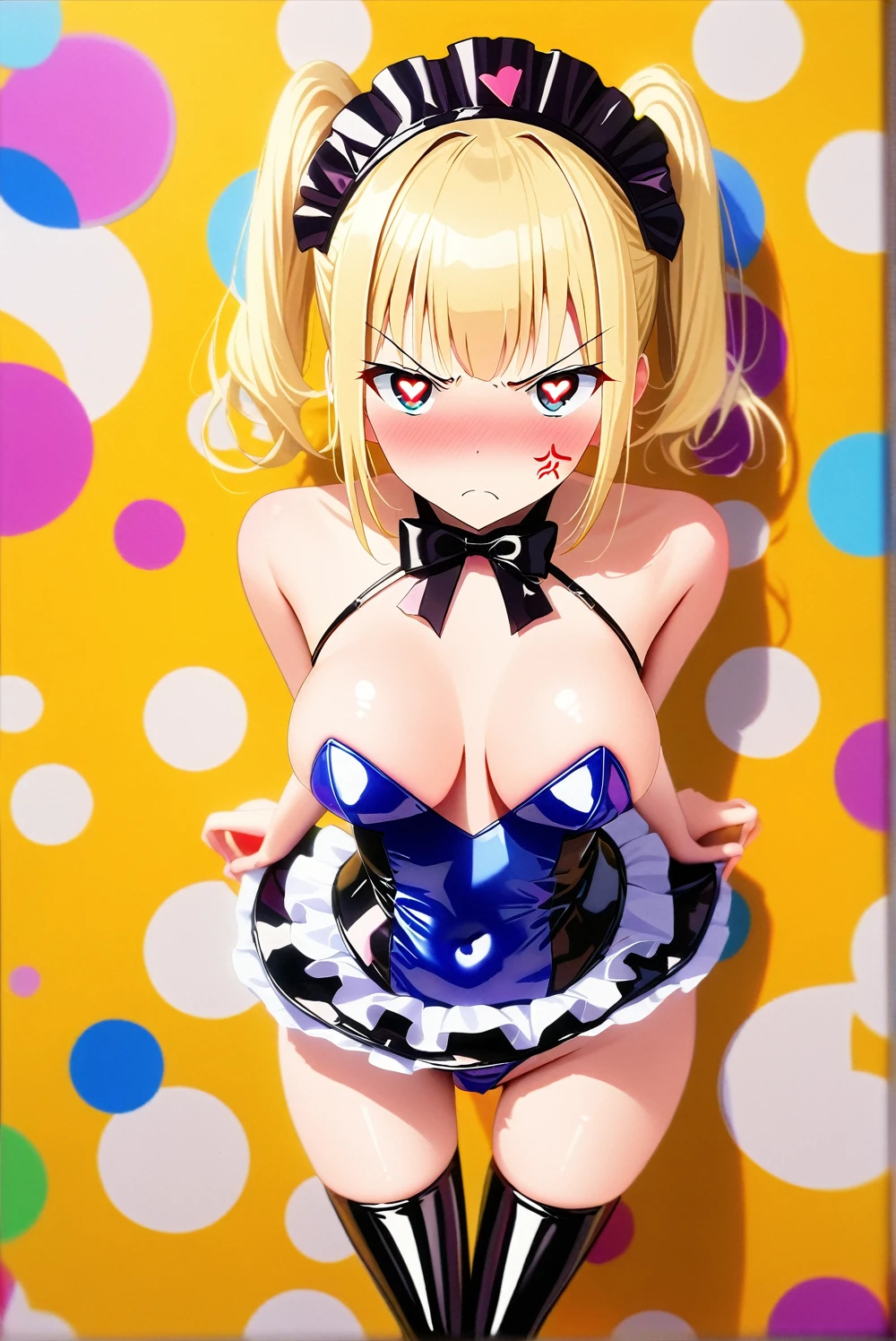 masterpiece, best quality, 1girl,blonde hair,Sui, (finely detailed heart shaped pupils and detailed face),,cowbody shot,lovestruck,extremely detailed picture unity 8k wallpaper,solo,(latex maid costume:0.9),glamour body,angry,latex thighhigh,from above,bind,hands on behind,looking at viewer,lift skirt,try to show me leotard,