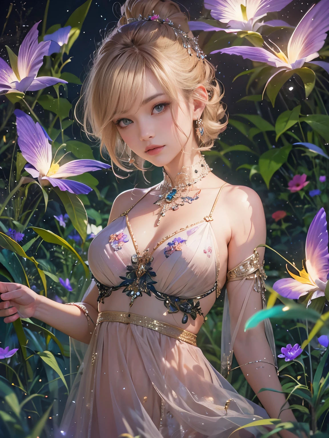 (8k, Highest quality, masterpiece: 1.2), (Realistic, photoRealistic: 1.37), Very detailed, One Girl, Wide viewing angles, Firefly Garden, Small faint lights and fireflies flitting about, night, Yasutomo Oka&#39;s painting style, huge firm bouncing bust, The cleavage is visible, Intricate details, Splash screen, 8K resolution, masterpiece, Gentle smile, Mysterious Background, aura, A gentle gaze, break, blonde, Dynamic sexy pose,