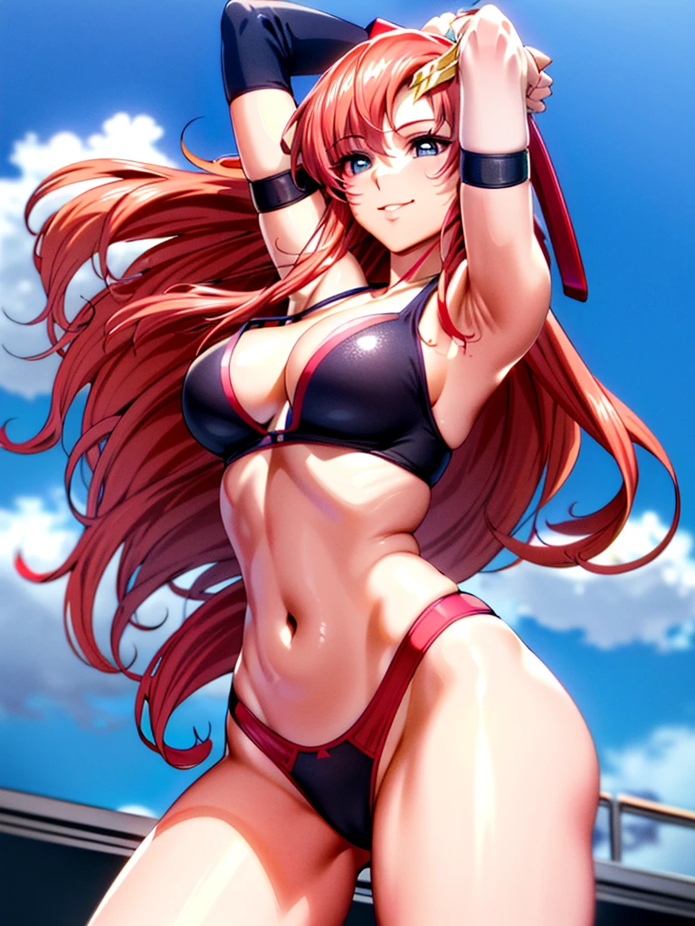 lacus4, (red thong, red mini bra, running, thong, tall girl, masterpiece, cowboy shot, very slim shoulders, 4K, Best Quality, Anime style: 1.9, happy, Adult Woman, (ultra detailed head), (Crowd, cloud background), Drawing lines, high resolution, lacus4), 1girl, Solo, ultra detailed arms, clavicle, scapular, (Detailed wide hair bangs, very long hair, Detailed reddish-pink hair, free flowing hair, shiny streaks, slim arms, detailed golden crest), cleavage, (hair cover shoulders). (Big blue eyes, shiny eyes), ((female wrestler, (slim body), slim arms, thighs)), ((perfect proportions, medium breasts, medium thighs, long belly)), ((leg strap)), smile with a wink, (standing, hot colors), detailed fingers, (bare shoulder, stretching, arm up, looking away)