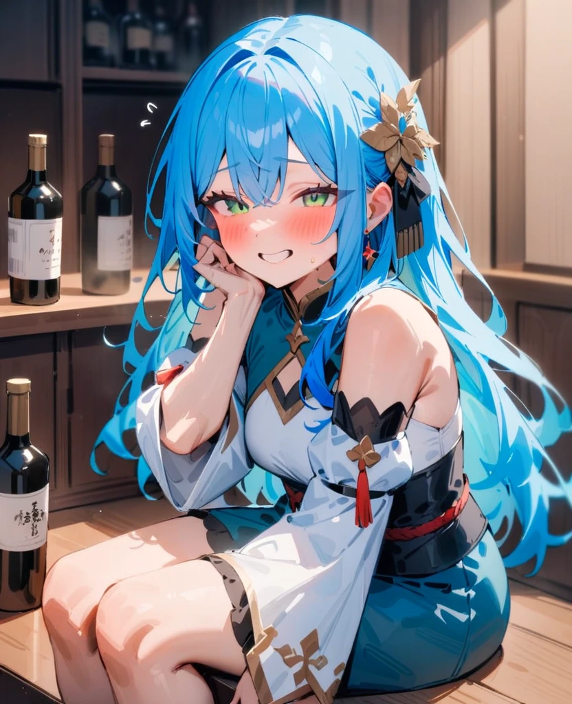 masterpiece, best quality, very aesthetic, absurdres, newest, 1girl, solo, long hair, blush, smile, hair ornament, sitting, green eyes, detached sleeves, blue hair, bottle, alcohol, indoors, drunk,