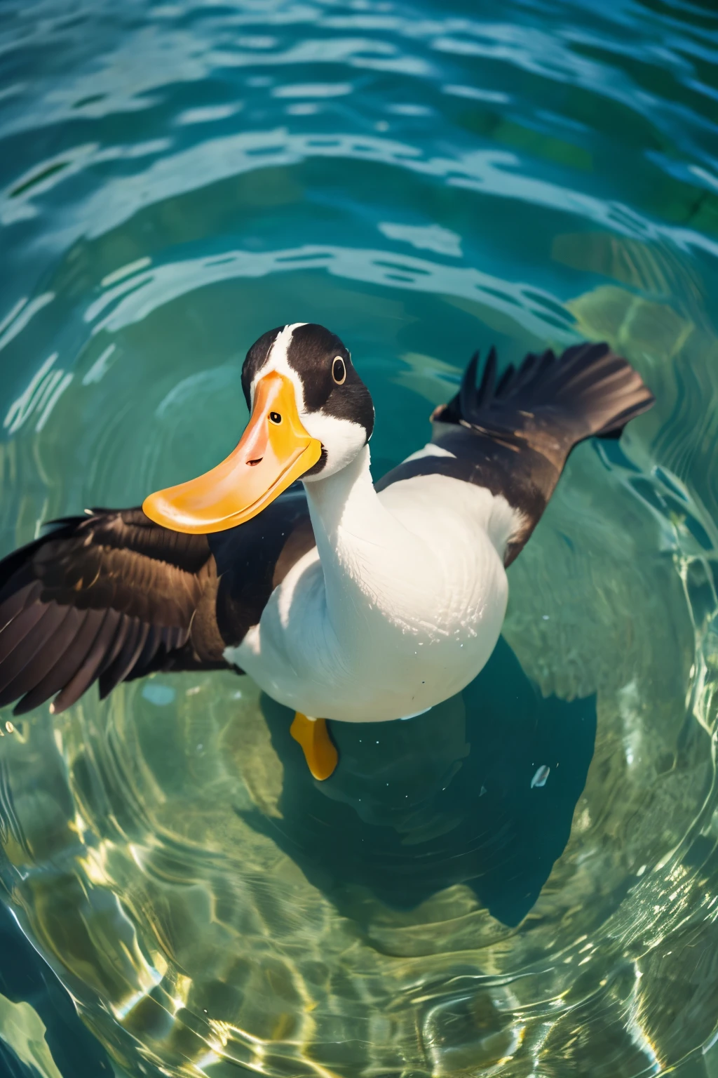 Duck with its mouth open on the surface of the water