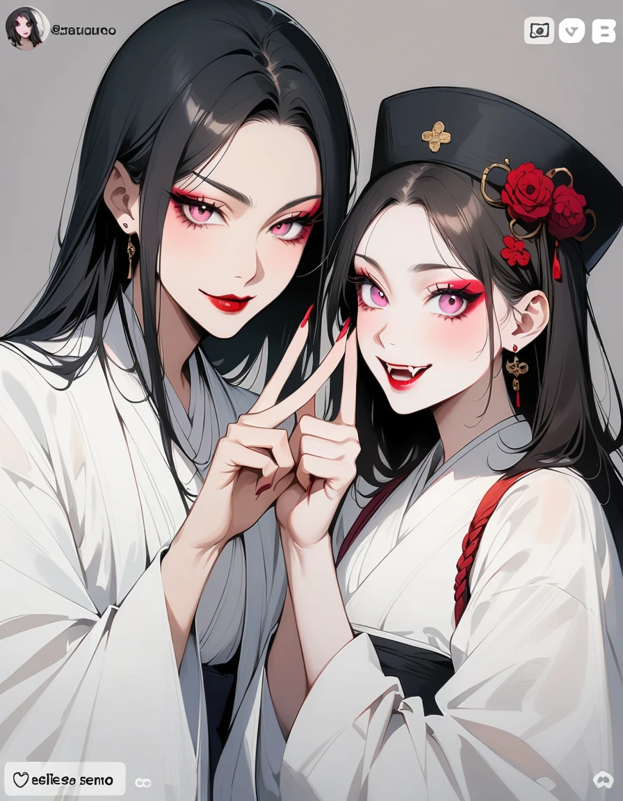 girl with black hair tied up, very pale skin, body chained, slight sarcastic smile, left hand covering her left eye, red kimono on the right side falling over her shoulders, around her several dark evil creatures like black figures. image and dark pastel colors