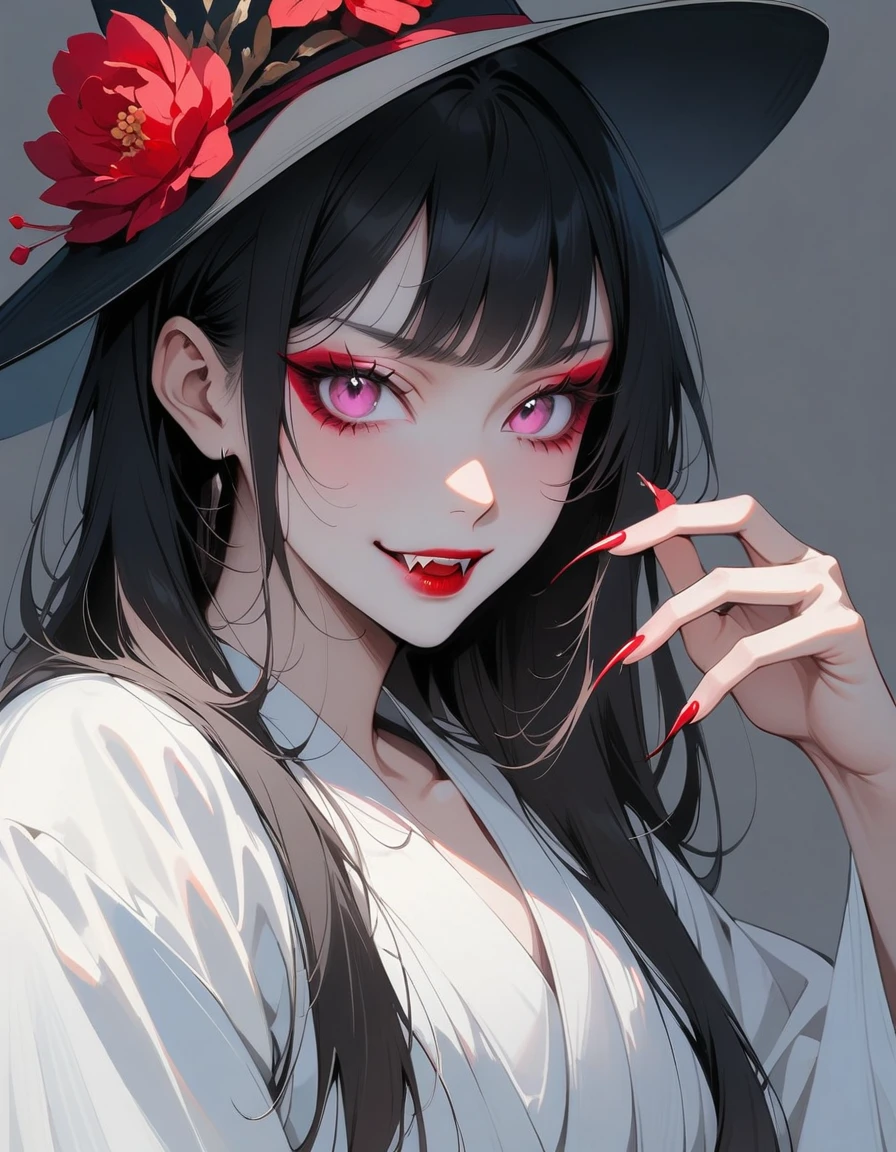 A beautiful Japanese woman with pink eyes, Long eyelashes and red lips，dressed in white Hanfu，Similar makeup to Ueno Yosuke，Selfie on Instagram，Vampire fangs protruding from between fingers. She has fair skin，Wearing a black hat decorated with flowers. Background color should be gray. Her expression conveys confidence or playfulness. 