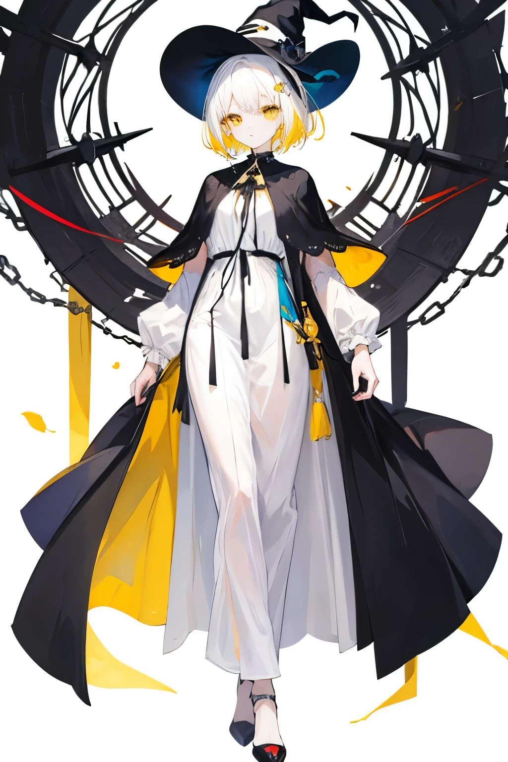 Witch, 1 person, white hair, short hair, white clothes, long dress, high heels, yellow hair accessory, standing picture, white background