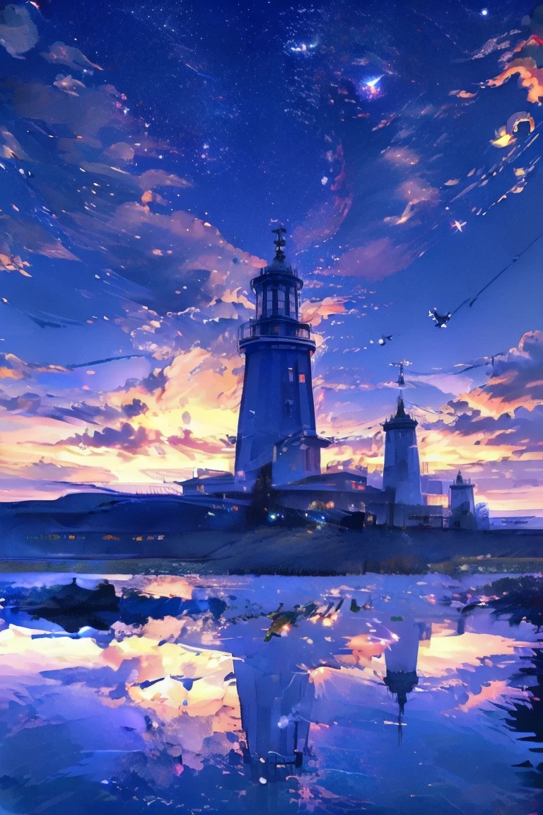 ((masterpiece, highest quality)), magic hour, twilight, lake, water reflection, navy, blue, purple, vermilion, stars, calm, quiet, boat