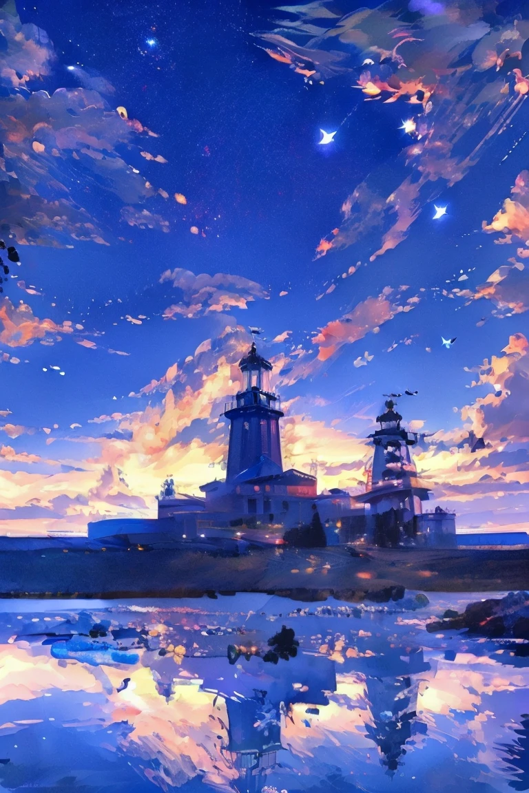 ((masterpiece, highest quality)), magic hour, twilight, lake, water reflection, navy, blue, purple, vermilion, stars, calm, quiet, boat