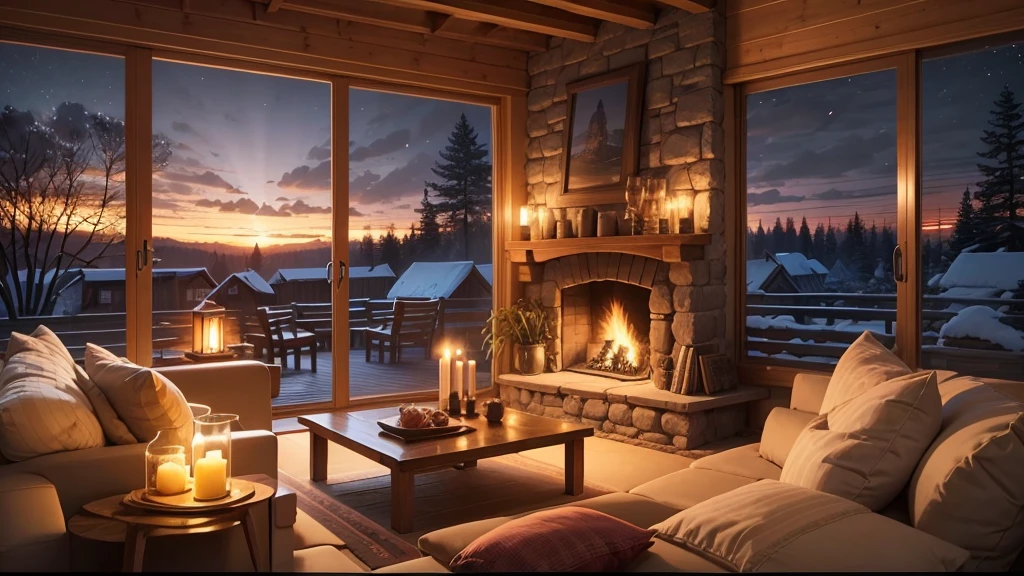 Cartoon background of wooden house living room, This night outside](Comfortable atmosphere), (Soft lighting), Bright stone fireplace fire, This is the best night, Transparent glass window