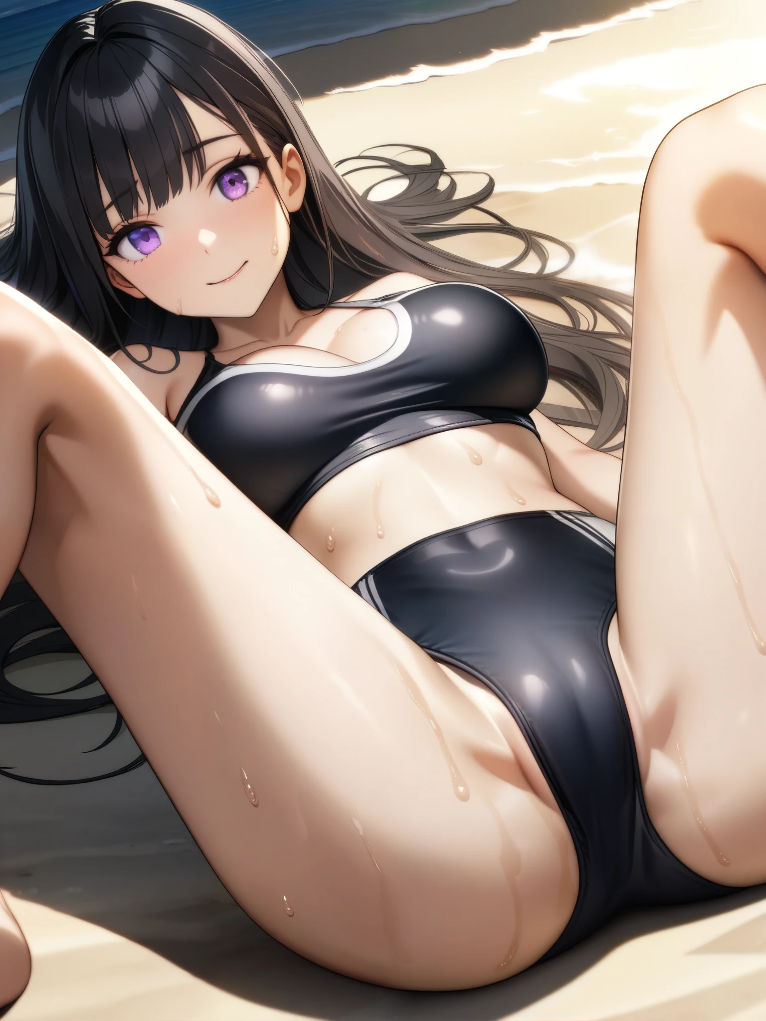 32k, best quality, ultra high res, HDR, UHD, extremely detailed CG, unity 32k wallpaper, very cute, ****************, 1 person, Purple eyes, (Black competitive swimsuit), Beach, Long black hair, (large breasts), Laugh shyly, Lie down, (Spread your legs wide), Sweat, 