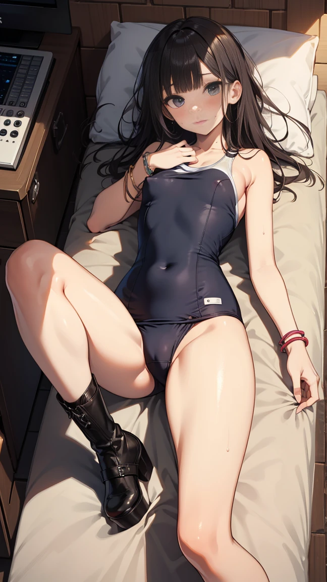 (Highest quality), (masterpiece), 1080p, High resolution, 4K, 8k, ((school swimsuit)), Pass through the chest, Constraints具, Lying on your back, Leg spread, Lift your legs, Have legs, foot Lift, Shot from directly above, Sweat, ((side)), sideを見せる, Constraints, ((Nipples)), Nipples, Mid-chest, whole body, Embarrassed face, Long Black Hair, Blunt bangs, bracelet, Leather shoes, Platform boots, Karaoke Box, Ribbon on neck