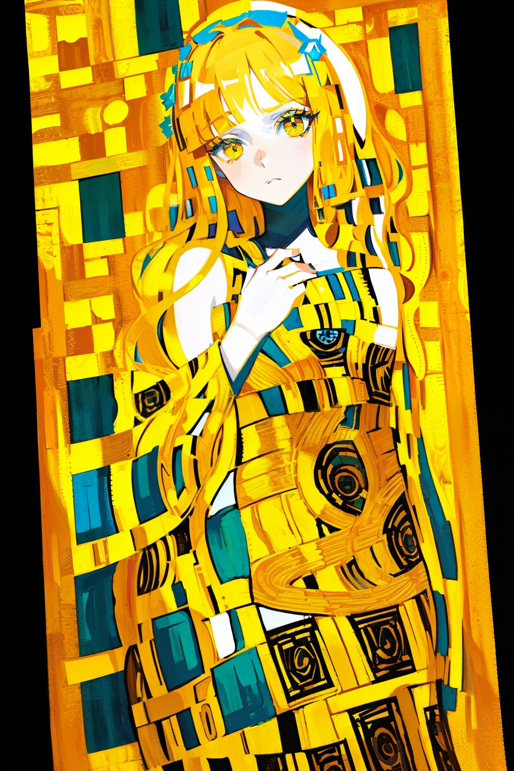 (Gustav Klimt style:1.05), ((masterpiece)), (((best quality))), (illustration | simple lighting), intricate, 8k, HD, FXAA, (absurdres), (simple shadows), ((simple shading)), (golden hair | long hair | hair ornaments), ((lifeless look, empty look)), yellow eyes, (yellow eyelashes:1.0), (colored eyelashes), (long yellow dress:0.9), (((full height)))