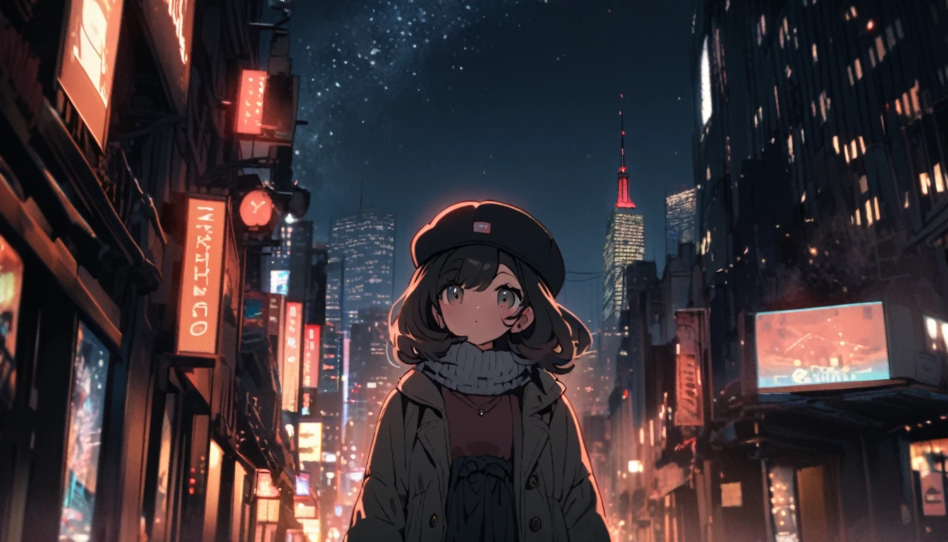 lofi relaxed one brunette girl with headphones walks in streets of NYC. 22 years old, winter night. beautiful landscape of NYC in night sky, travel, tourist, sweater, gloves, black winter hat, long black hair, only the girl