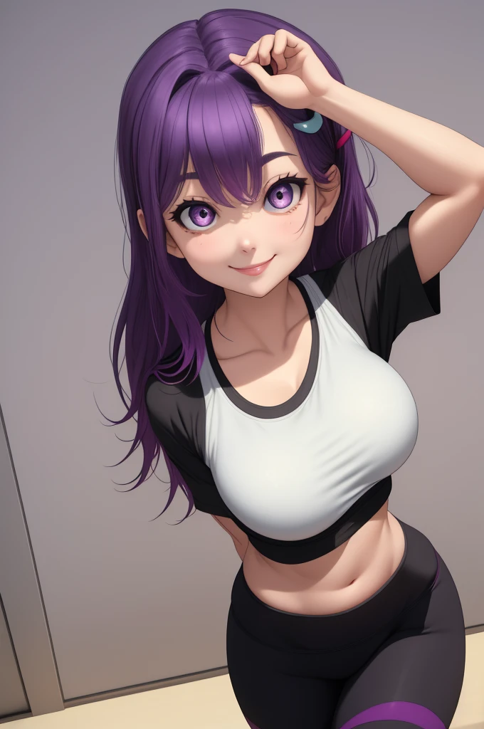 big eyes, small breasts, beautiful, (masterpiece:1.2), (best quality:1.2), (perfect eyes:1.1), (perfect face:1.1), smiling, perfect lighting, yoga pants, sports bra, purple hair, hairclip, arms behind back, mature female, large breasts, slight light smile,