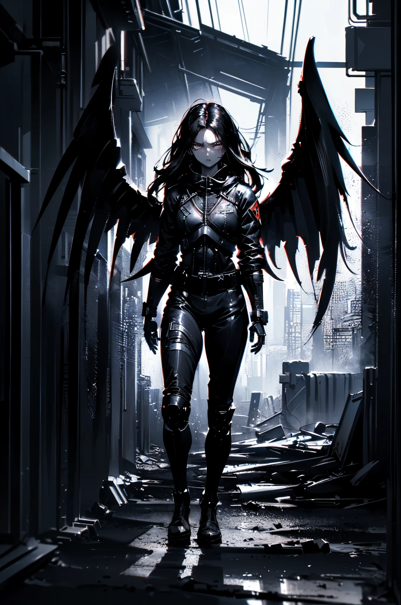 ((((Stealthy sophisticated))), 1girl, silhouette, flight, (((gargoyle wings, wingsuit:0.9))), dark eyes, pale skin, ((black hair, long hair, dark hair))), ((high contrast)), foliage, ((blurry surroundings)), ((mid flight)), shadowy eyes, ((vertical composition)), (checkingback), interesting pose