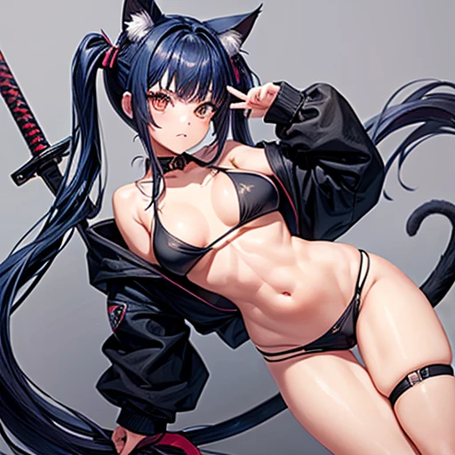 A girl with dark blue hair has a large penis growing out of her vagina, Cat ears and tail, Wearing a black bikini and racing shorts　Loli body type　　Twin tails　　　　Flat Chest　Wearing a hoodie　Butt details　Hold the ninja sword　　