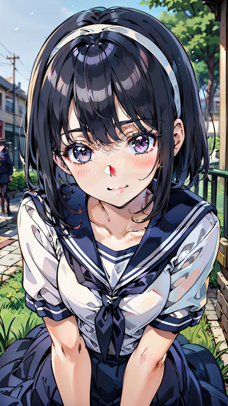 sailor uniform, One Woman, (A beauty woman, Delicate high school girl:1.3), 8K, highest quality, masterpiece, Very detailed, Ultra-high resolution, Realistic, RAW Photos, Absolute Resolution, Black Hair, Bobcut, Small face compared to body, Very small face, Black Hair, ((Navy blue sailor suit)), Navy Blue Skirt, High school girl in sailor suit, 2D Rendering of Anime, ((White headband)), Small breasts, tall, Slanted Eyes, Purple Eyes, Black Stockings, garter belt, Embarrassed smile, garden, (Thinking pose:1.3), (Top-down position:1.3), blurry background,