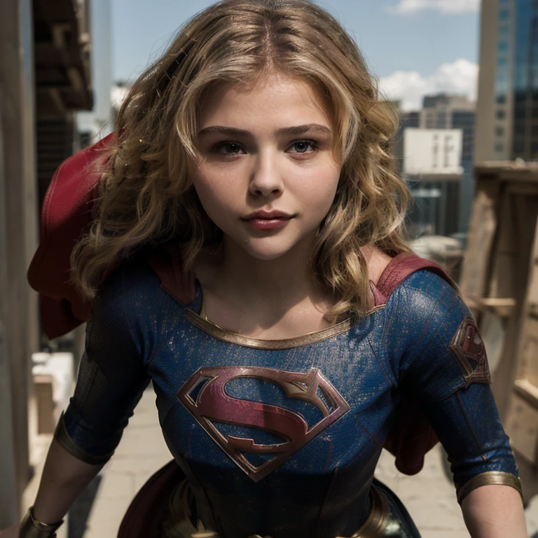 (best quality, 8k, high-res, masterpiece:1.2),ultra-detailed,(photo-realistic:1.37), ((best quality)), ((masterpiece)), (detailed), perfect face, Chloe Grace Moretz, chl03gm, Huge breasts, blond hair, full body, ((standing in an all-action superhero pose on the flat roof of a skyscraper)), smiling, ((NSFW)), ((?????)), ((super-tiny super-tight Supergirl costume)), perfect features, perfect hands, dry clean skin, dry hair, ((from below looking up)),