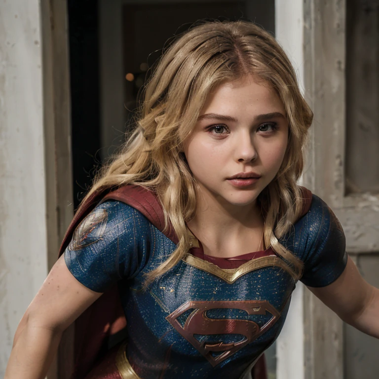 (best quality, 8k, high-res, masterpiece:1.2),ultra-detailed,(photo-realistic:1.37), ((best quality)), ((masterpiece)), (detailed), perfect face, Chloe Grace Moretz, chl03gm, Huge breasts, blond hair, full body, ((standing in an all-action superhero pose on the flat roof of a skyscraper)), smiling, ((NSFW)), ((naked)), ((super-tiny super-tight Supergirl costume)), perfect features, perfect hands, dry clean skin, dry hair, ((from below looking up)),
