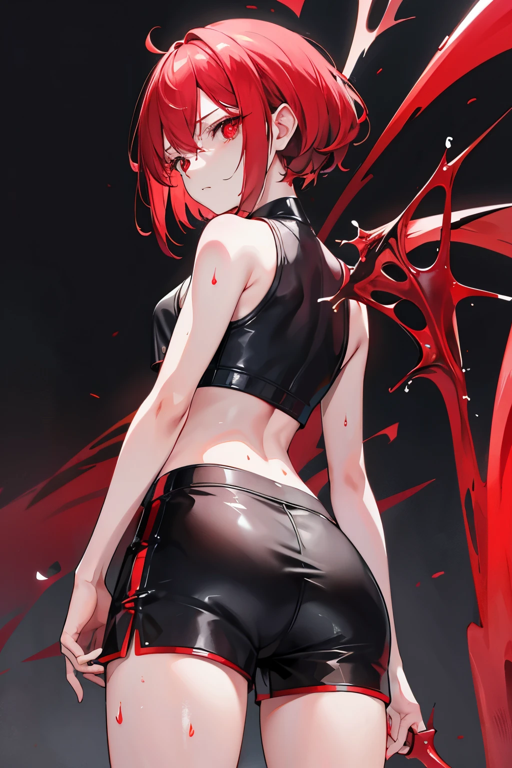 underdressing，Expression of disgust，Expression of disgust，Red Eyes，Sweat，Soaked，liquid，transparent，Back，Cropped tops，Hips，succubus，pink，Buttocks close-up