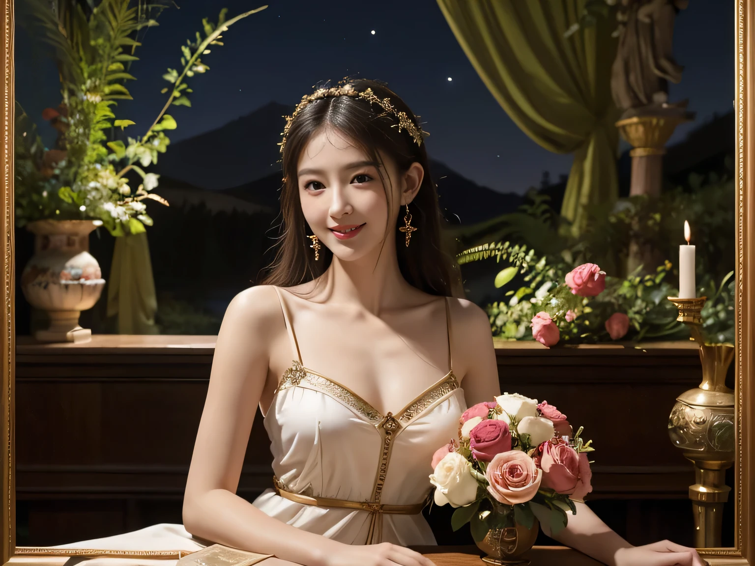 Giorgione painting style,Arguments of two female Philosophe,math、astronomical machine、astronaut、roses in vase、fruits、Cute trinkets、smile、ancient greek costume、Background is a forest lake at night 、Clothes that stretch your shoulders、A big smile、beautiful bare skin、A detailed representation of the seducing woman throughout her body.erotic smile,sexy