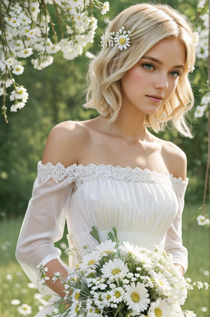 Slim, blonde femboy with short fluffy hair,Crown of flowers pretty face, wearing white long weding dress up to the shoulder sleeved transparency arms small bouquet daisies cottagecore background mamma mia