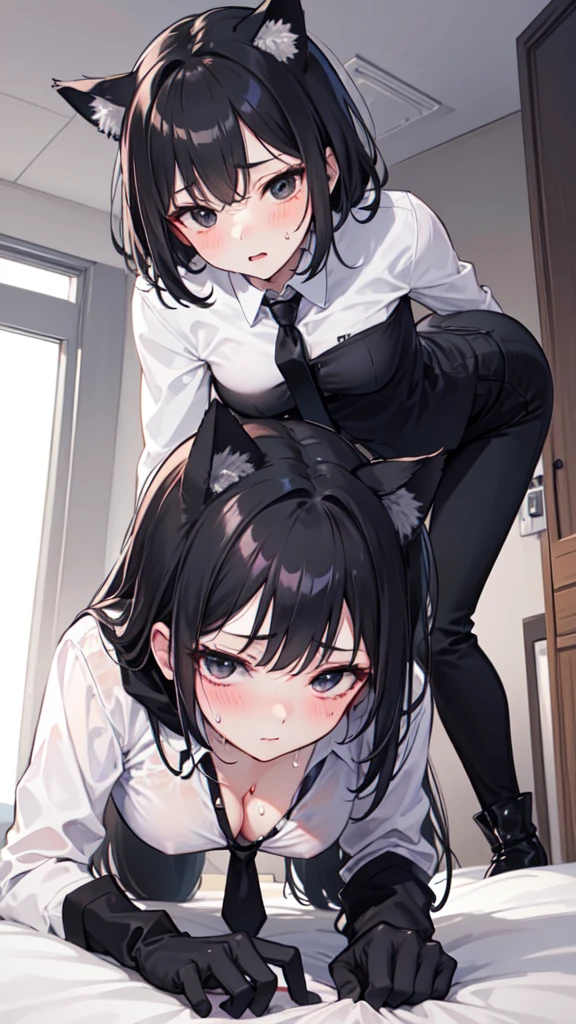 18-year-old girl，cute，Wear a white long-sleeved shirt and a black work tie，Wear black pants，Wear black booties，Wear white gloves，wear cat ear，Black hair，Black eyes，blush，sweat，Fear，Unwilling，Looks very bottom，uncomfortable，porn