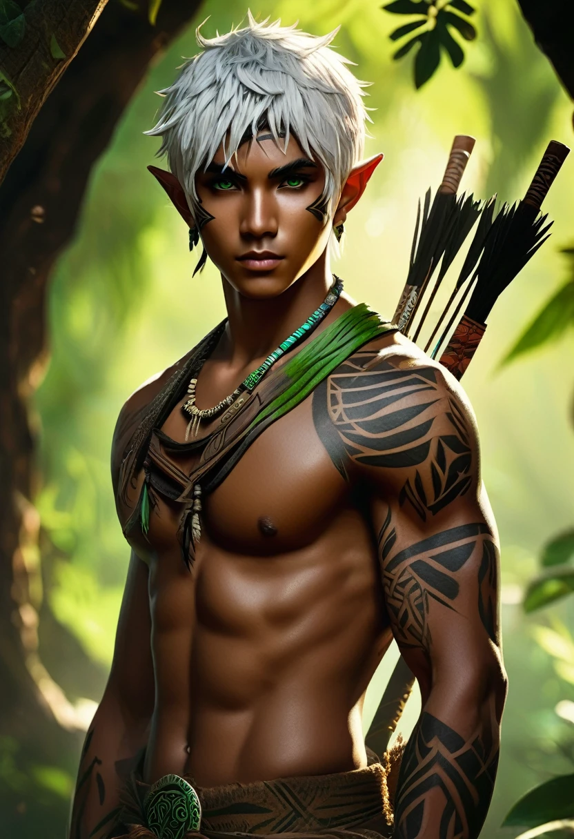 1boy, trap, wood elf, short white hair, green eyes, dark skin, white tribal tattoos, flat chest, thong, tribal bow, fantasy background, textured skin, UHD, UHD, UHD, UHD, award winning, high details, incredible high-key lighting and shadows, masterpiece, incredible illustration, anime style