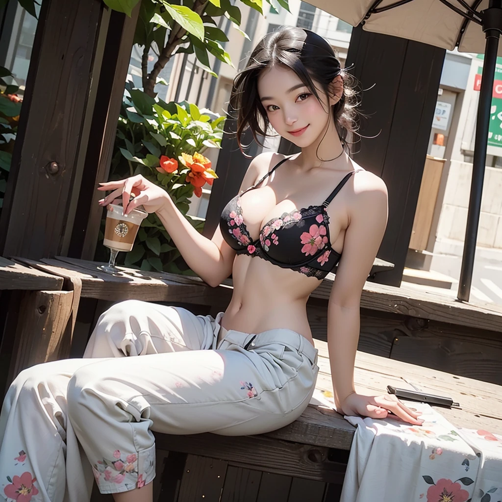 Starbucks outdoor cafe、 school girl in uniform、Eat cake、Drink coffee、(smile)((Emphasize cleavage)) ((((A black floral bra is visible))))
(((Side angle)))
(Full body photo)
